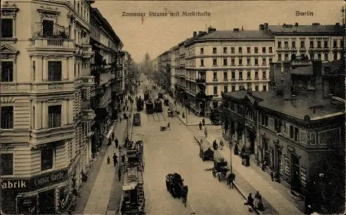 Ak Berlin Kreuzberg, Zossener Straße, Markthalle, Dampfdestillation, Cognac Quelle, Straßenbahnen