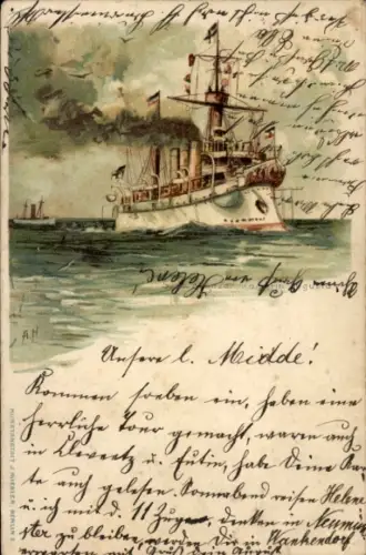 Künstler Litho Deutsches Kriegsschiff, SMS Kaiserin Augusta, Geschützter Kreuzer