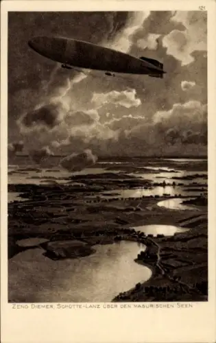 Künstler Ak Diemer, Zeno, Schütte Lanz über den Masurischen Seen, Luftschiff, Zeppelin