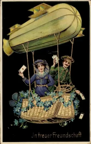 Ak In treuer Freundschaft, Paar, Zeppelin, Vergissmeinnicht
