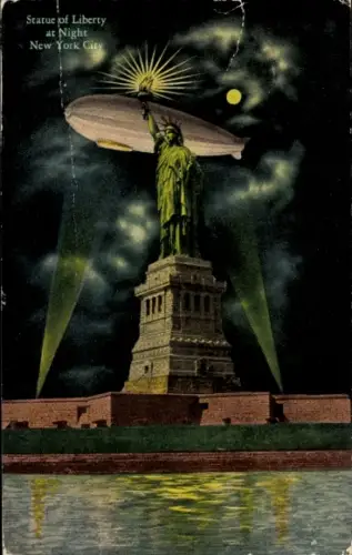 Mondschein Ak New York City USA, Zeppelin, Freiheitsstatue
