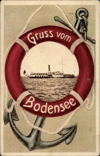 Passepartout Ak Bodensee, Dampfer, Rettungsring