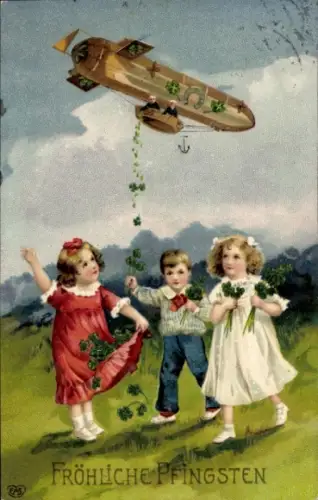 Präge Ak Glückwunsch Geburtstag, Zeppelin wirft Kleeblätter ab, Kinder, Kitsch