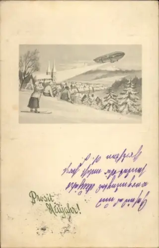 Ak Glückwunsch Neujahr, Mädchen fährt Ski, Zeppelin, Luftschiff