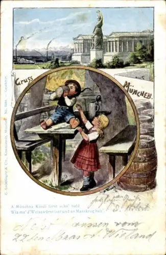 Künstler Litho München, Kinder trinken Bier, Denkmal