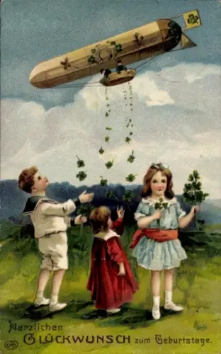 Präge Ak Glückwunsch Pfingsten, Kleeblätter, Zeppelin, Kitsch, EAS