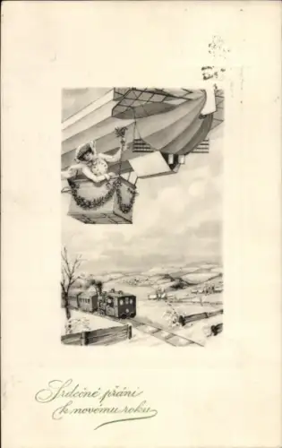 Passepartout Ak Glückwunsch Neujahr, Frau in einem Zeppelin, Dampflok