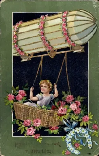 Präge Ak Glückwunsch Geburtstag, Mädchen, Luftschiff, Blumen, Hufeisen