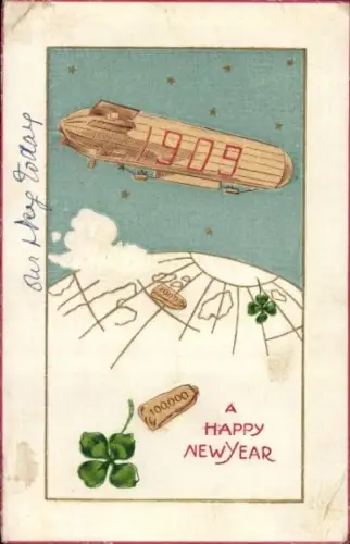 Präge Ak Glückwunsch Neujahr 1909, Zeppelin, Glücksklee, Erde