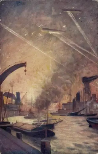 Künstler Ak Hubert, A., Luftangriff auf die Londoner Hafenanlagen, Zeppeline, Wohlfahrtskarte