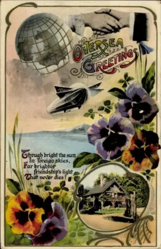 Ak Zeppelin, Luftschiff, Erdkugel, Stiefmütterchen