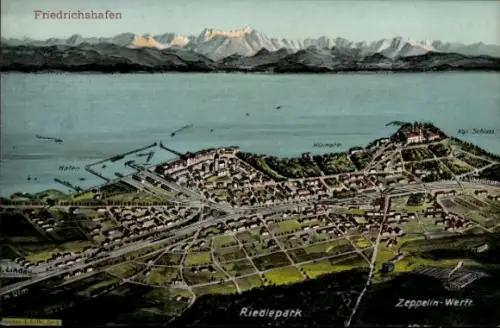 Künstler Ak Felle, E., Friedrichshafen am Bodensee, Gesamtansicht, Zeppelin-Werft