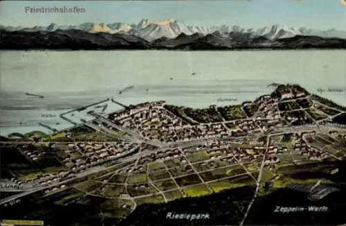 Künstler Ak Felle, E., Friedrichshafen am Bodensee, Gesamtansicht, Zeppelin-Werft