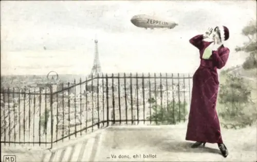 Ak Deutscher Zeppelin über Paris, Rufende Frau, Komm schon!