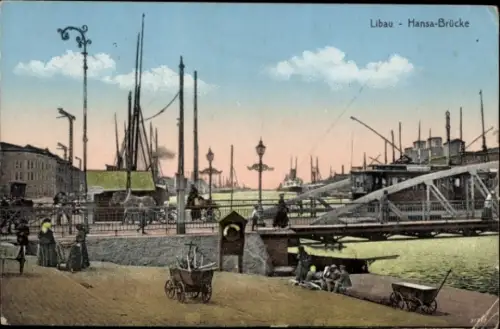 Ak Liepaja Libau Lettland, Hansabrücke, Straßenbahn