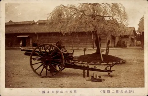 Ak Japanisches Geschütz, Holzbaracken