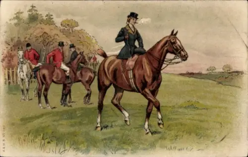 Künstler Ak Frau auf einem Pferd, rauchend, Reiterin, Jagdgesellschaft