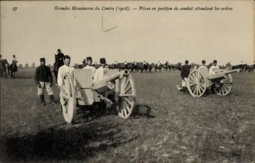 CPA Grandes Manoeuvres du Centre 1908, Pieces en position du combat attendant les orders