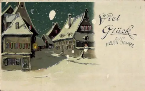 Mondschein Ak Glückwunsch Neujahr, Häuser, Straße, Schnee