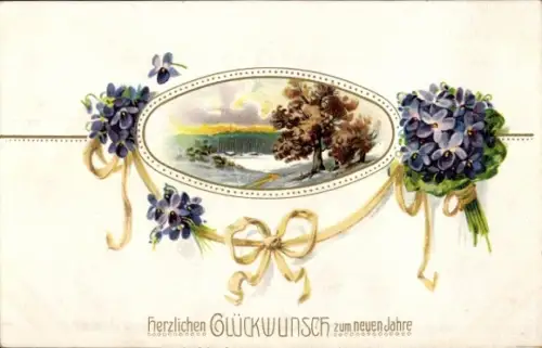 Passepartout Ak Glückwunsch Neujahr, Ortsidyll, Veilchen