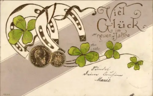 Präge Ak Glückwunsch Neujahr, Glücksklee, Münzen, Hufeisen