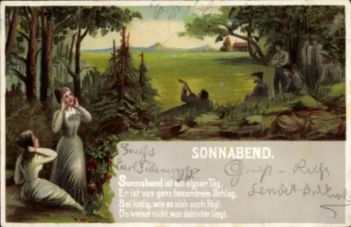 Litho Sonnabend, Wochentag, Frauen und Männer auf einer Wiese