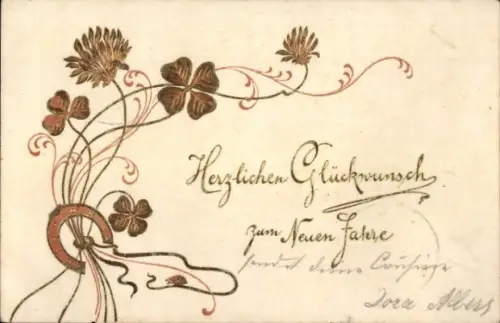 Präge Ak Glückwunsch Neujahr, Kleeblatt, Hufeisen