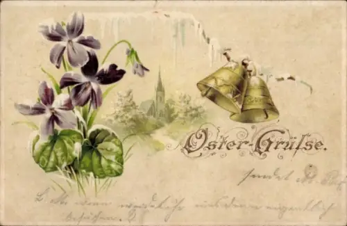 Litho Glückwunsch Ostern, Dorfidyll, Glocken, Veilchen