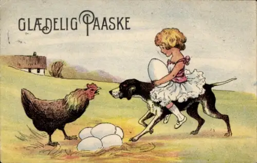 Ak Glückwunsch Ostern, Dorfidyll, Mädchen auf einem Hund, Ostereier