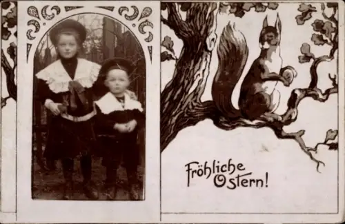 Ak Glückwunsch Ostern, Zwei Kinder, Eichhörnchen