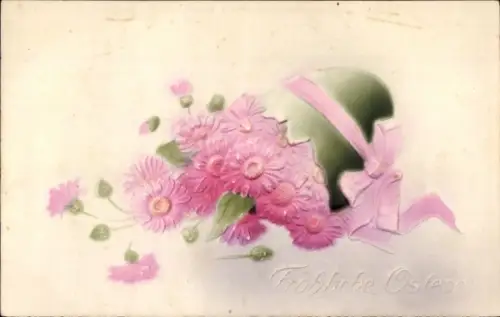 Präge Ak Glückwunsch Ostern, Osterei, Schleife, Blumen