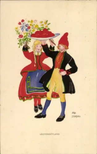 Künstler Stenberg, A., Västergötland Schweden, Kinder in Volkstrachten, Blumen