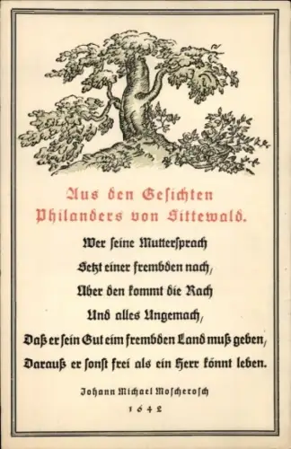 Ak Aus den Geschichten Philanders von Sittewald, Muttersprache, Johann Michael Moscherosch, 1642