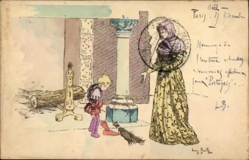 Künstler Ak Junge Frau und ihr Kind, Junge, Besen, Schuh