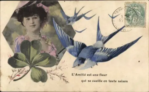 Ak Freundschaft, junge Frau, Portrait, Klee, Schwalben