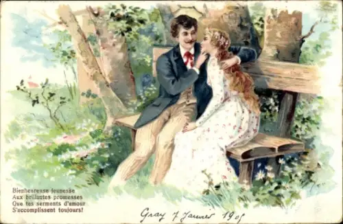 Litho Liebespaar im Park, Sitzbank