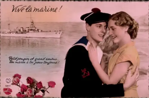 Ak Französisches Kriegsschiff, Matrose mit Frau