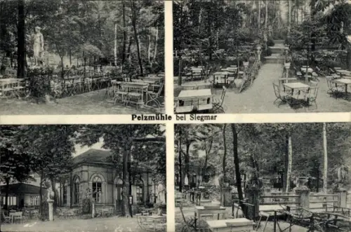 Ak Siegmar Chemnitz in Sachsen, Pelzmühle bei  Gartenlokal, Tische und Stühle im Freien, Bäume