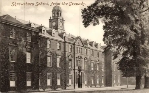 Ak Shrewsbury Shropshire England, Shrewsbury School, Gebäudeansicht, Uhrturm, Bäume