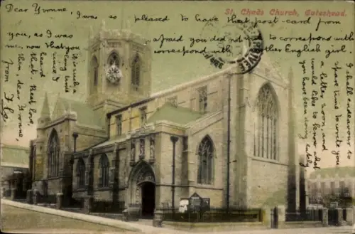 Ak Gateshead Tyne and Wear England, St. Chads Church,  , Text an Yvonne, Absender Flo