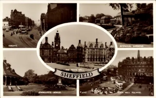 Ak Sheffield Yorkshire England, Fargate, Town Hall,  Endcliffe Woods, Botanical Gardens, Town Hal