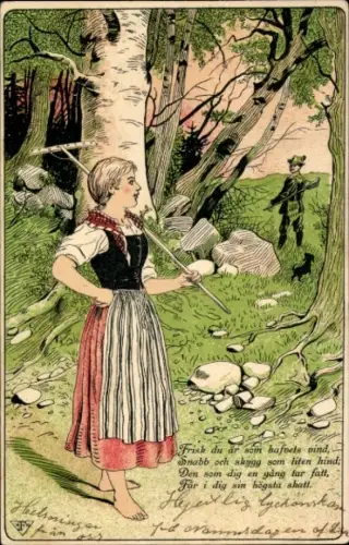 Litho Junge Frau in Tracht mit Harke, Jäger, Wald, Hund