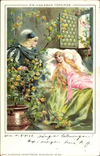 Litho Dornröschen, Prinz, Frau im Bett, Blumen, Märchen