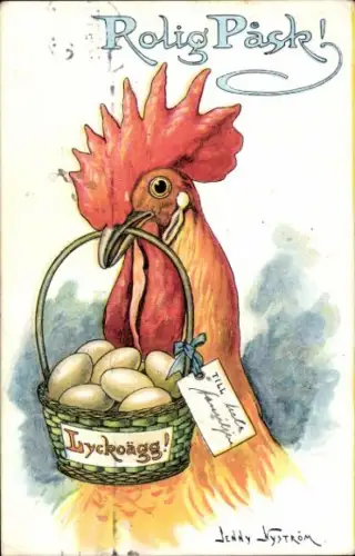 Künstler Ak Nyström, Jenny, Glückwunsch Ostern, Hahn, Korb mit Ostereiern