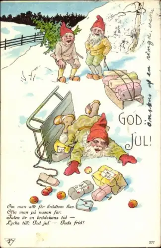 Künstler Ak Jenny Nyström, Frohe Weihnachten, Zwerge, umgestürzter Schlitten, Geschenke