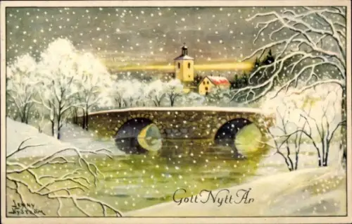 Künstler Ak Nyström, Jenny, Glückwunsch Neujahr, Ortspartie, Brücke