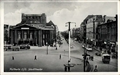 Ak Katowice Kattowitz Oberschlesien, Stadttheater,  Straßenansicht,  Fahrzeuge