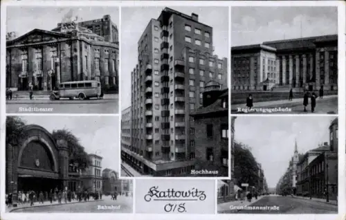Ak Katowice Kattowitz Oberschlesien, Stadttheater, Hochhaus, Bahnhof, Regierungsgebäude, Grandman