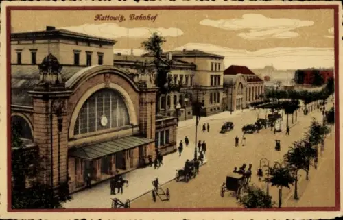 Ak Katowice Kattowitz Oberschlesien, Bahnhof  Straßenansicht, Pferdekutschen,  Fahrzeuge