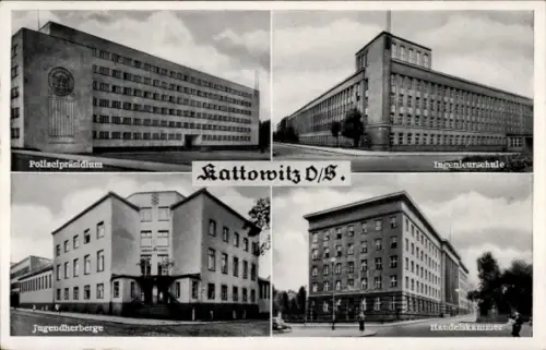 Ak Katowice Kattowitz Oberschlesien, Polizeipräsidium, Ingenieurschule, Jugendherberge, Handelska